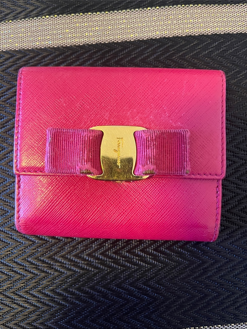 Salvatore Ferragamo Fuchsia Saffiano Leather Bow Wallet with Gold Plaque